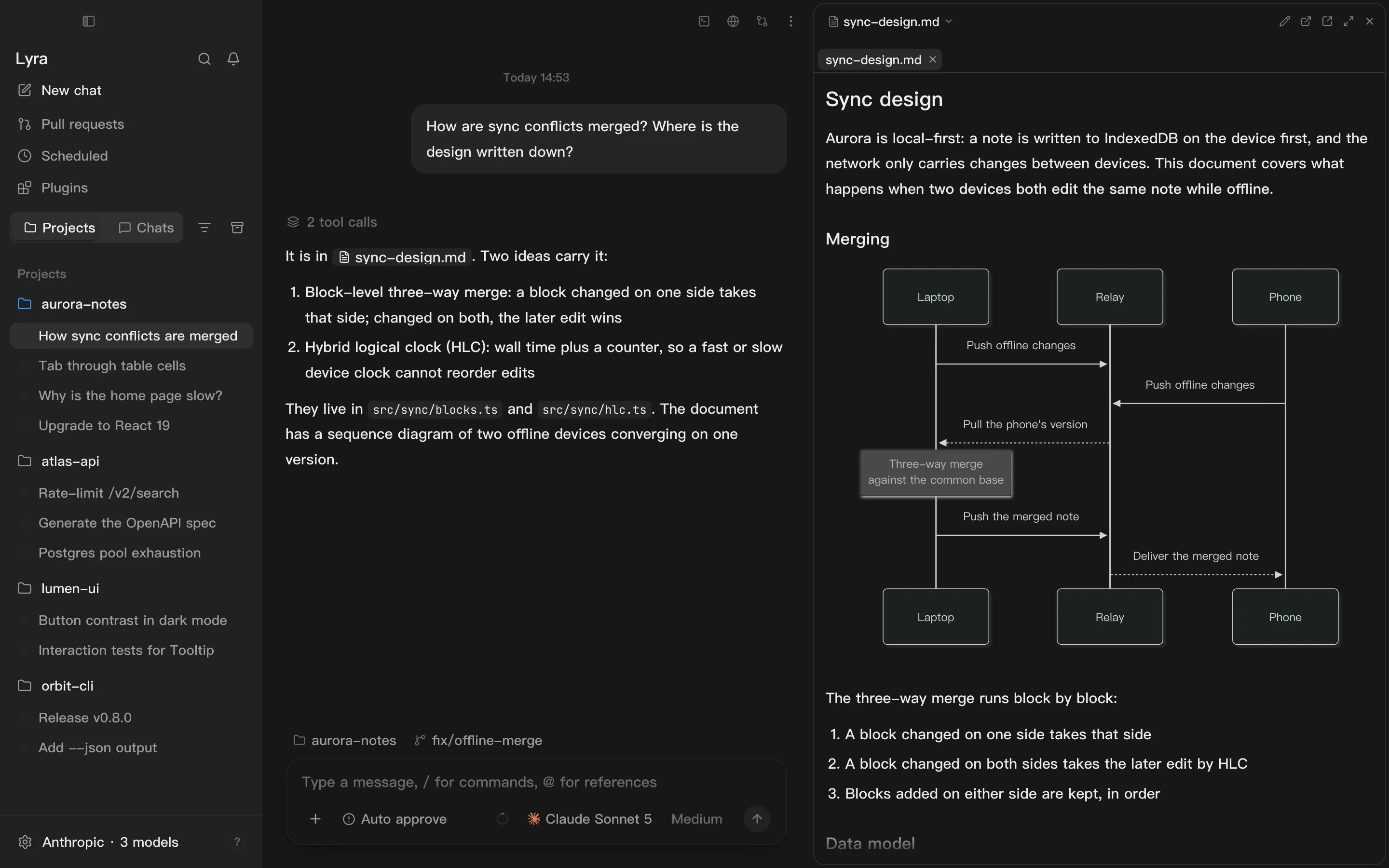 A Markdown file open in the File contents pane, rendered with its text and a sequence diagram