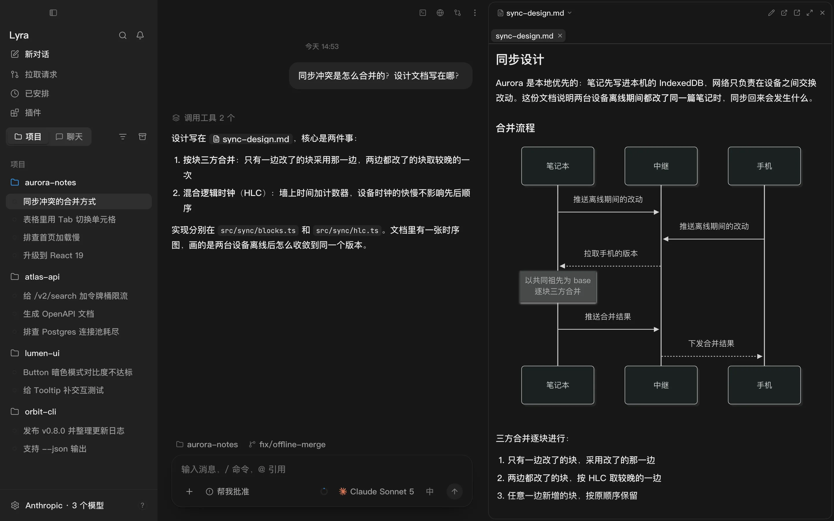「文件内容」面板里打开的 Markdown 文档，正文和时序图都已渲染出来