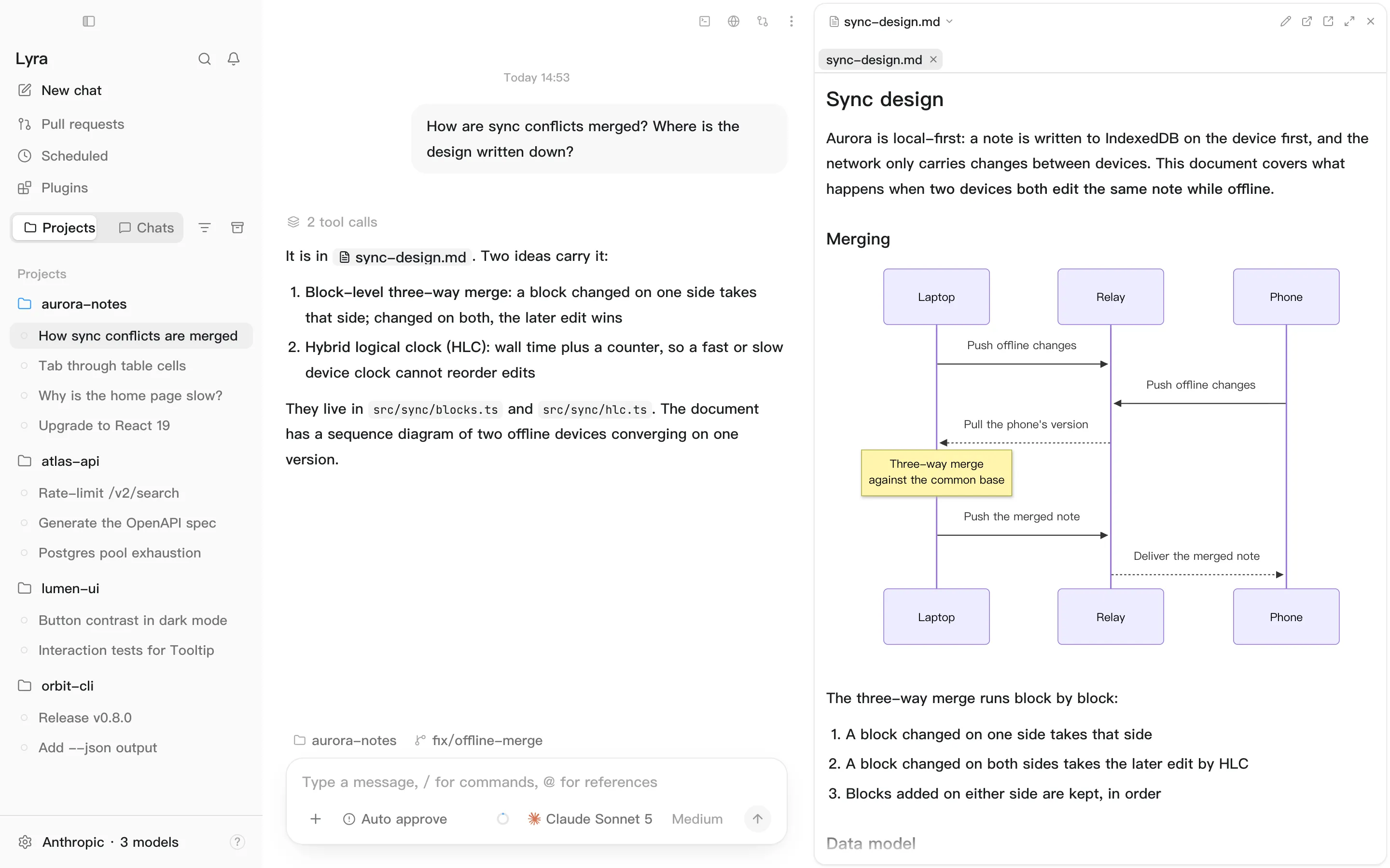 A Markdown file open in the File contents pane, rendered with its text and a sequence diagram