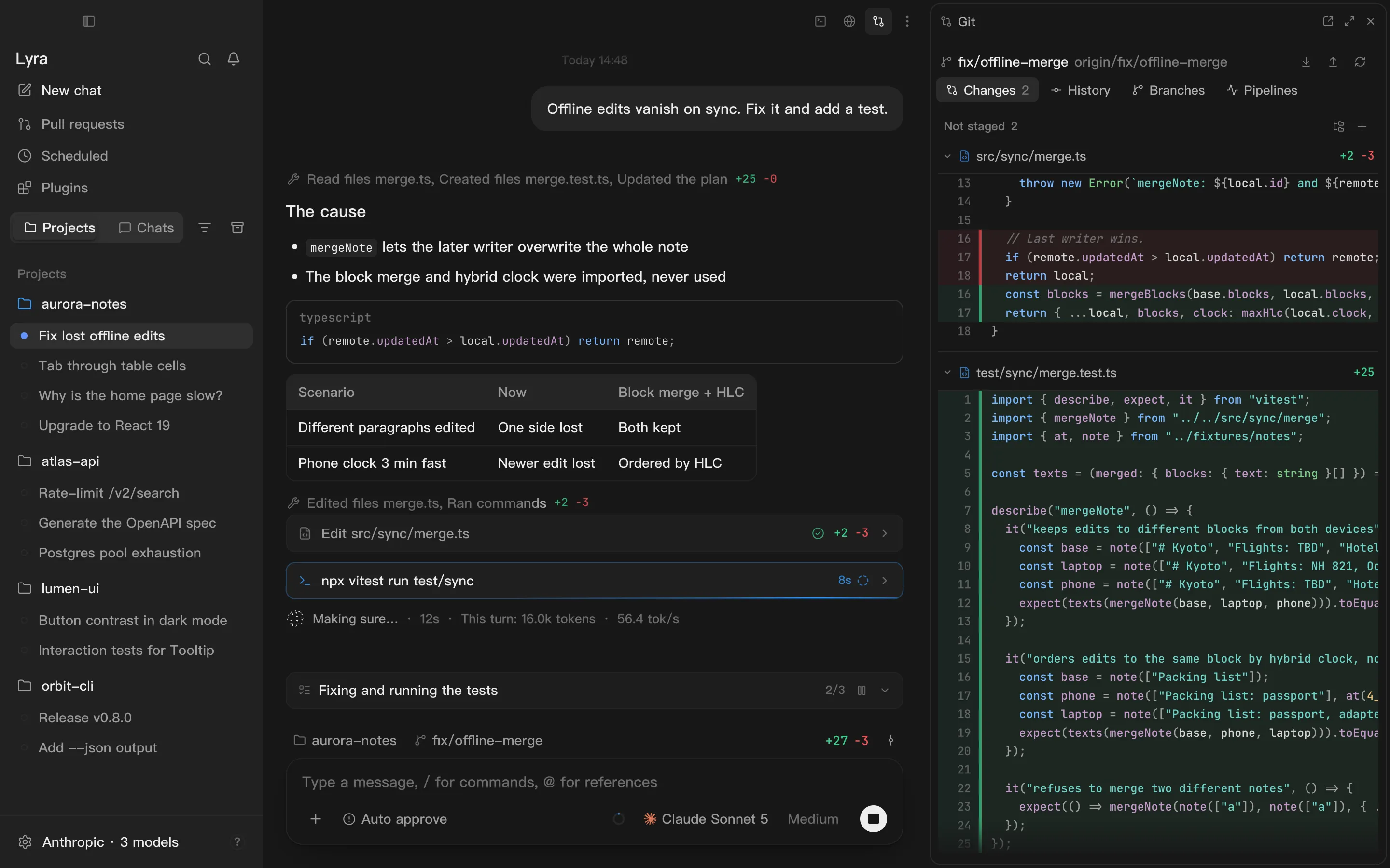 Lyra's main window: projects and chats on the left, the conversation in the middle, the Git pane on the right