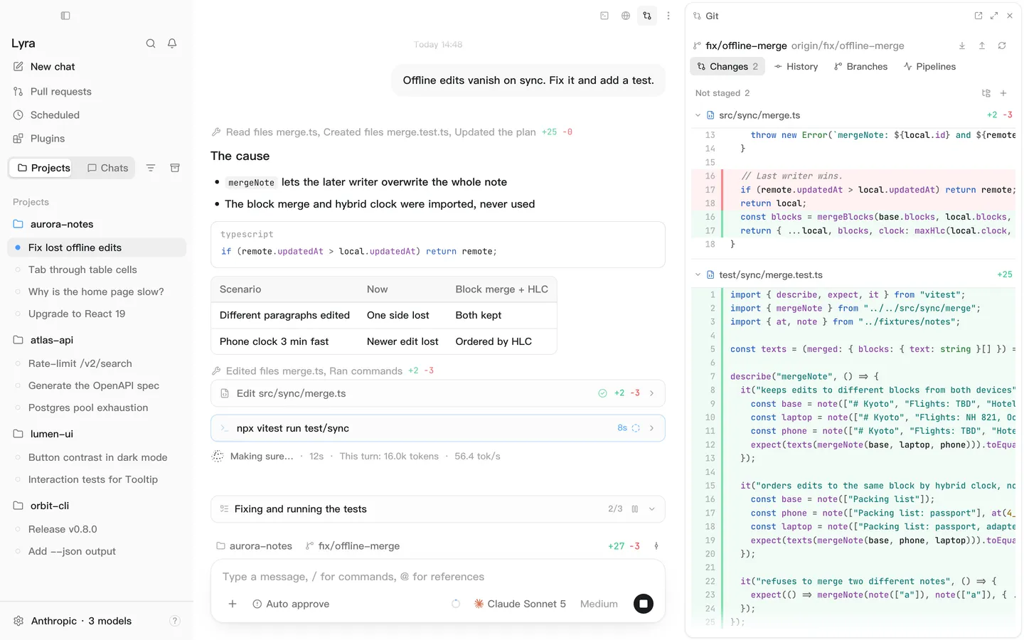 Lyra’s chat window: projects and sessions on the left, a conversation in progress on the right.