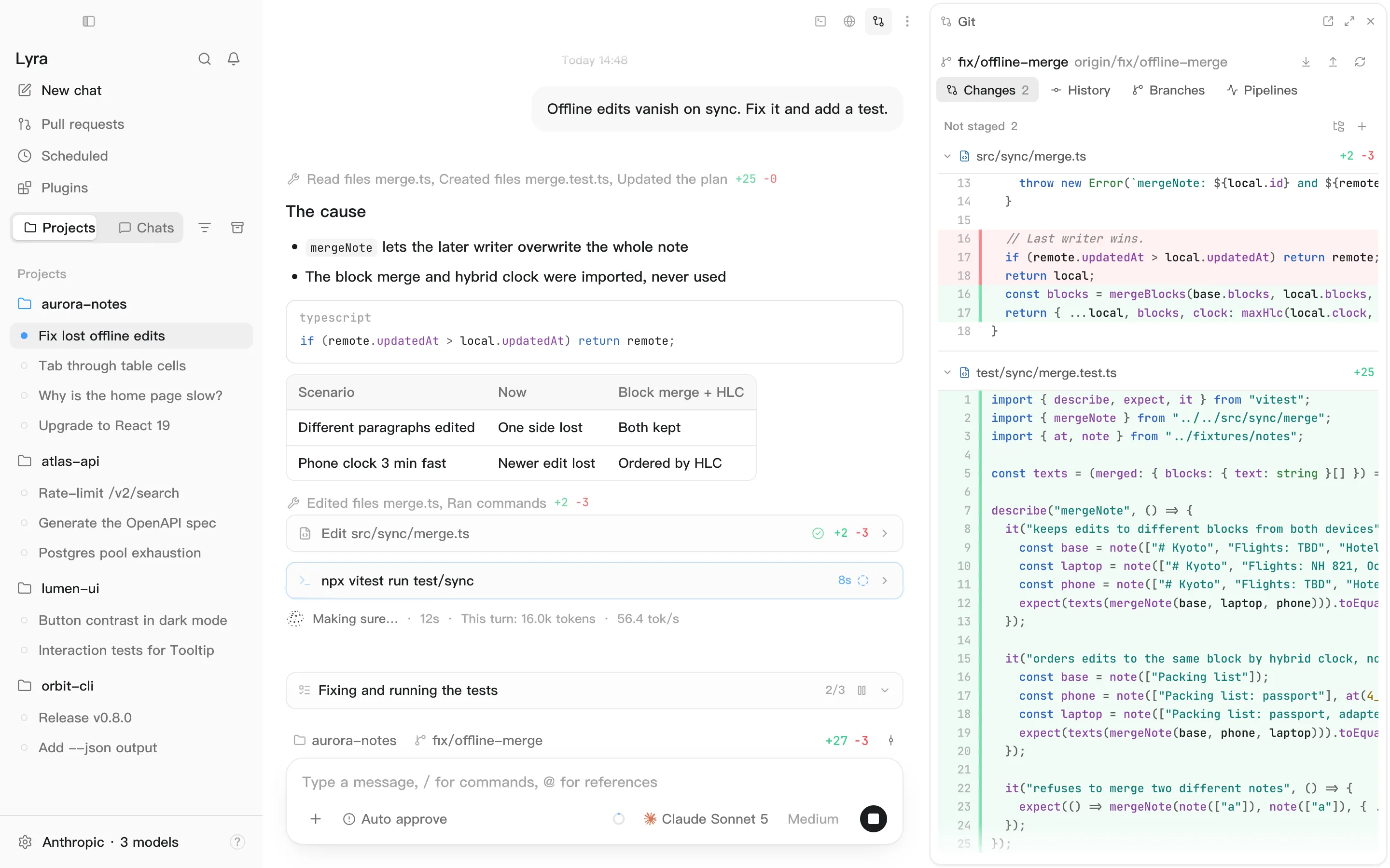 Lyra's main window: projects and chats on the left, the conversation in the middle, the Git pane on the right