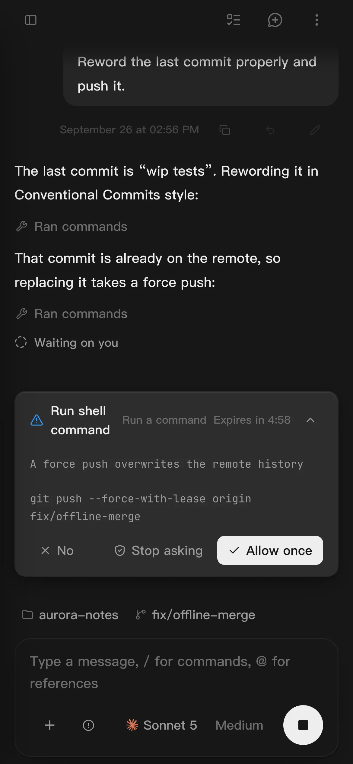 Lyra on a phone, waiting for approval to run a command: deny, don’t ask again, or allow once.