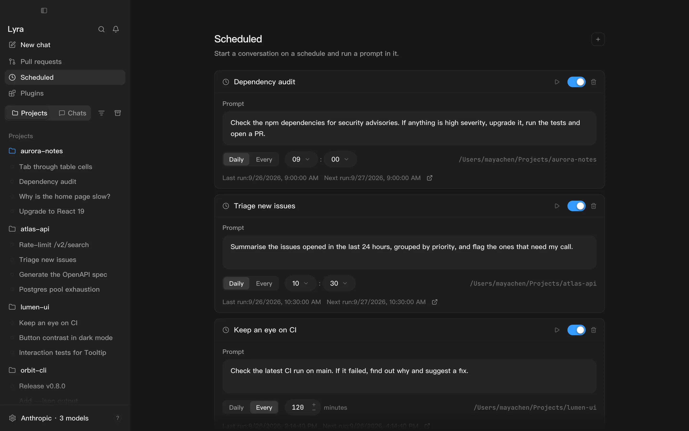 The Scheduled page: tasks, each with its prompt, a schedule (daily at a set time, or every so many minutes) and an on/off switch