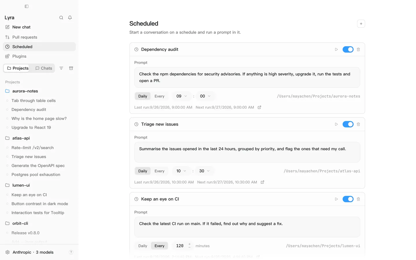 Lyra’s scheduled tasks: prompts that run daily or on an interval.