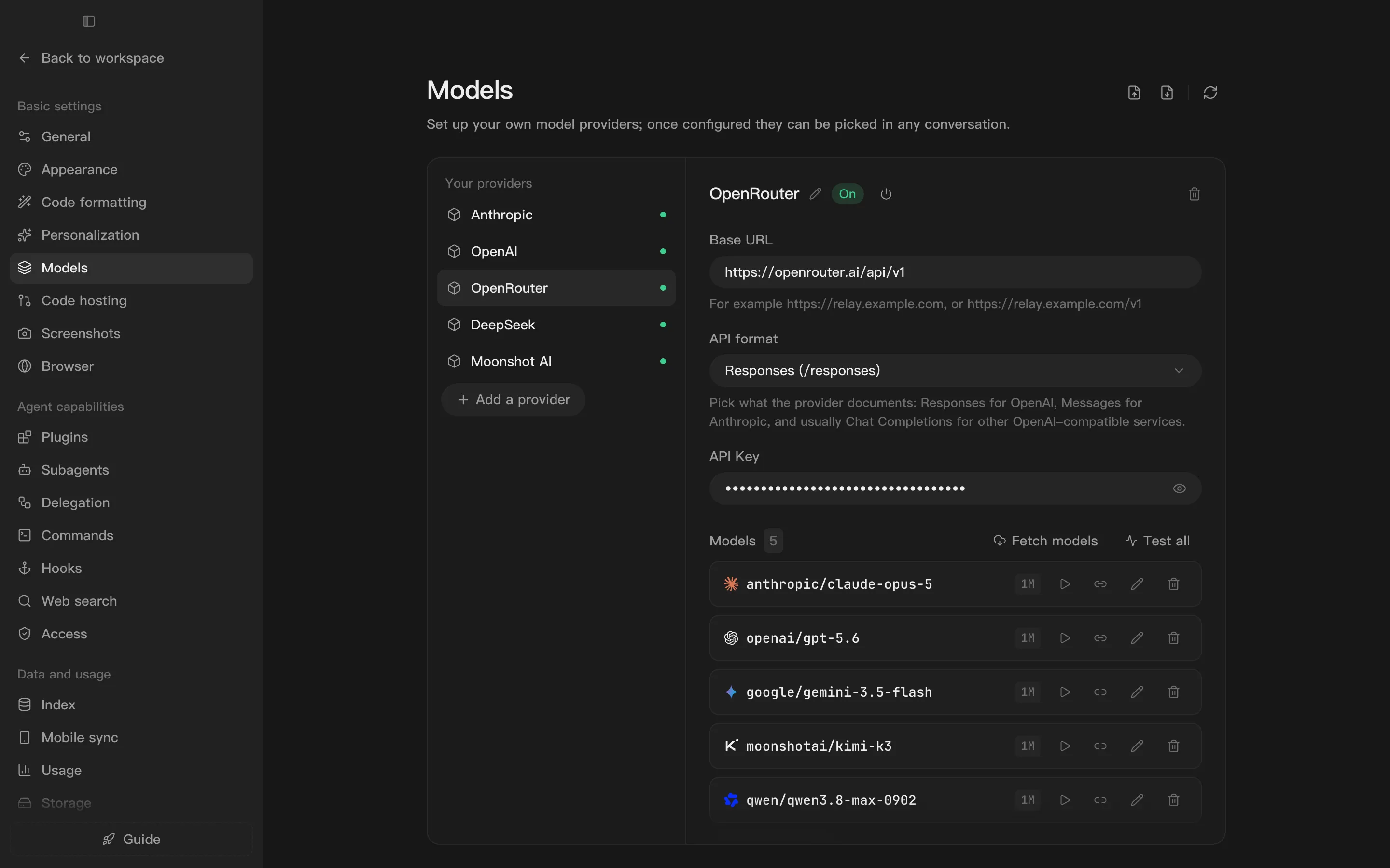 Settings → Models: the provider list on the left; the selected provider's Base URL, API format, API key and models on the right
