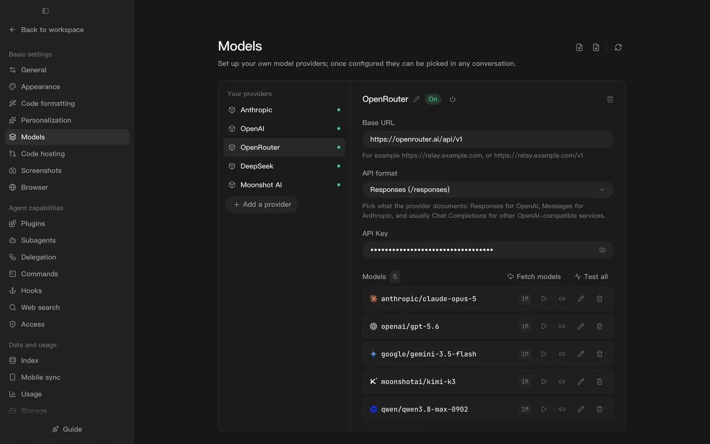 Lyra’s model settings: providers, and the models on each.