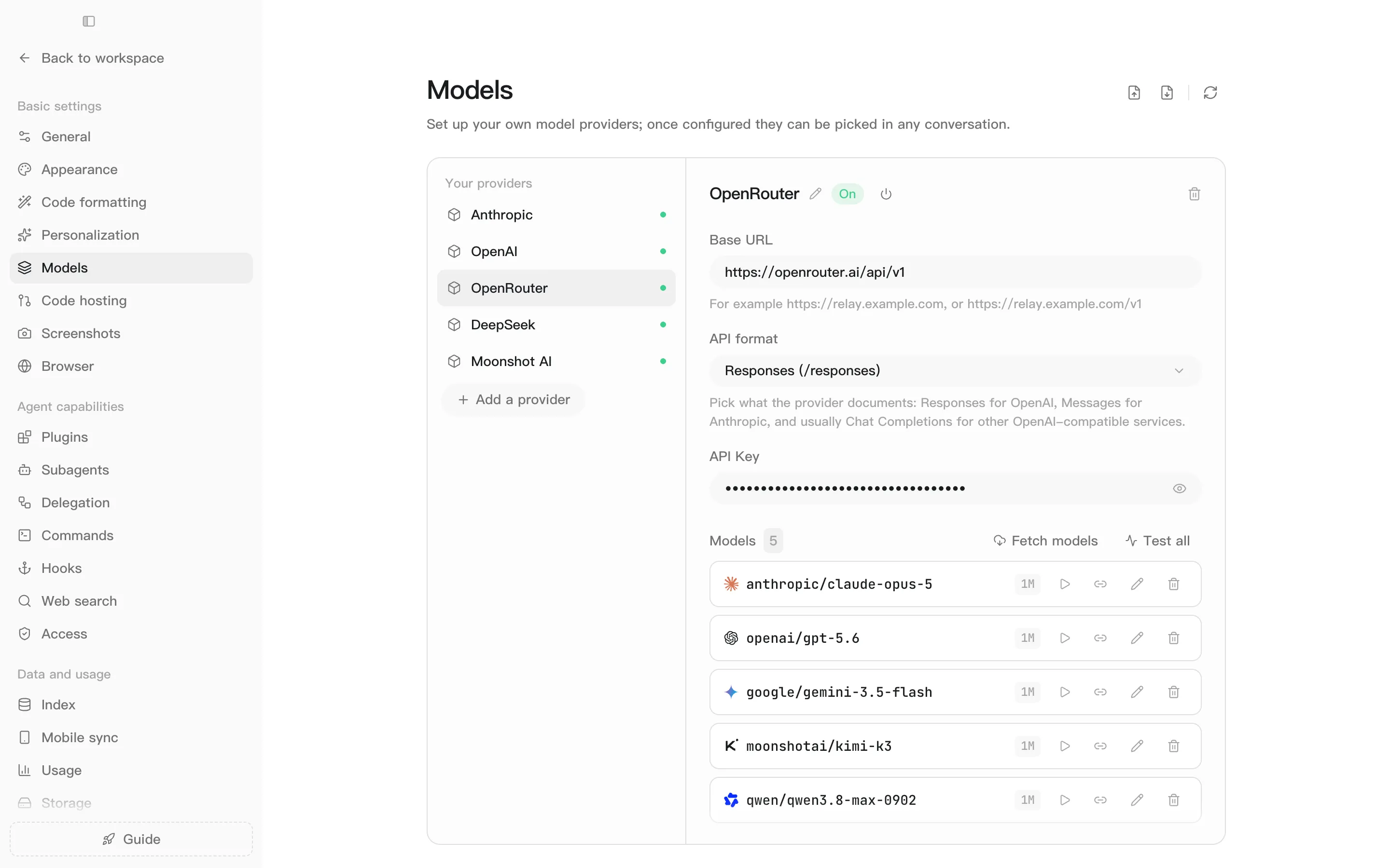 Settings → Models: the provider list on the left; the selected provider's Base URL, API format, API key and models on the right