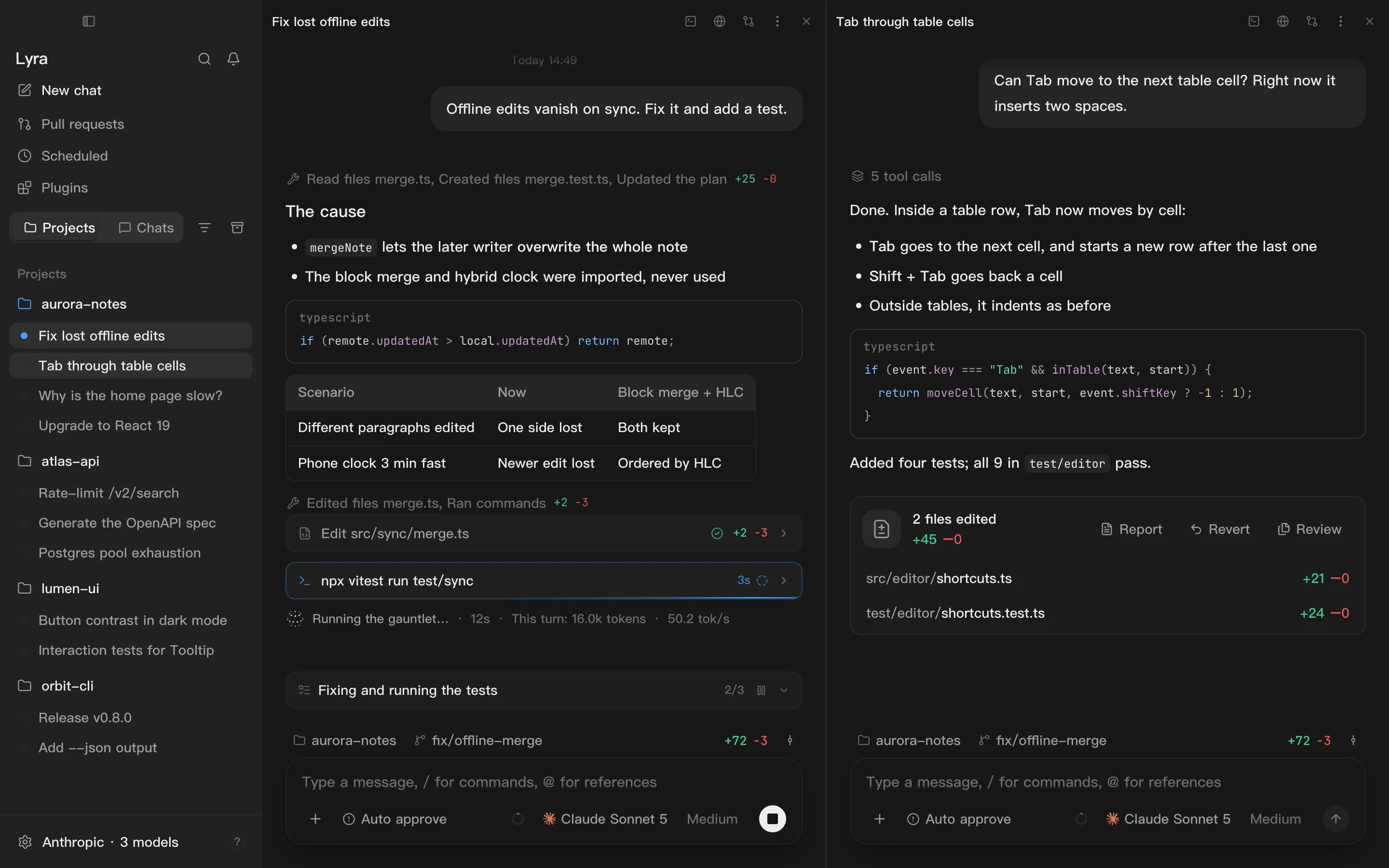 Split view: two conversations side by side, each with its own title bar and composer