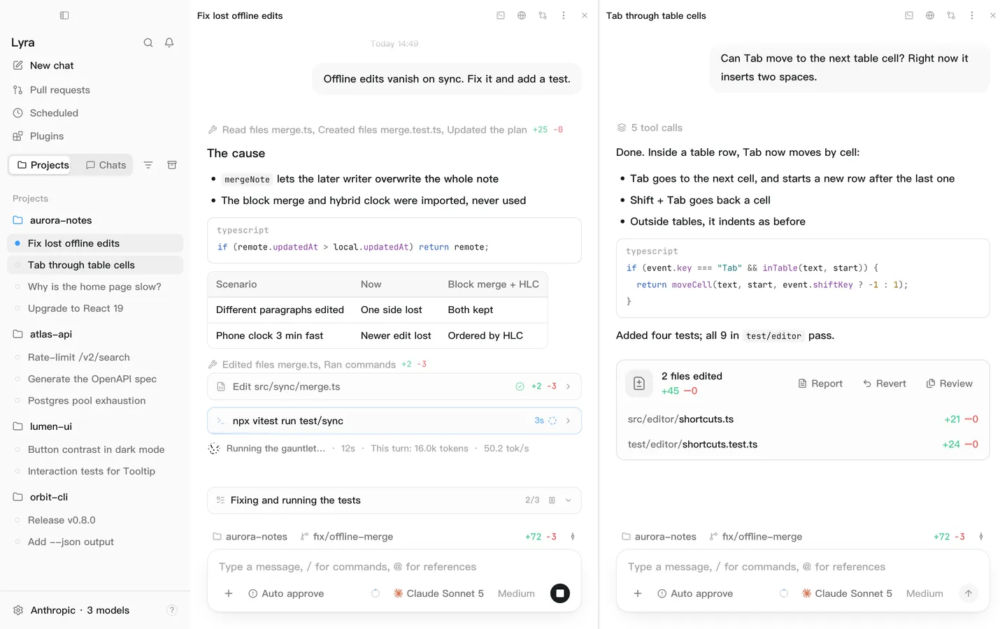 Lyra in split view: several sessions side by side in one window.