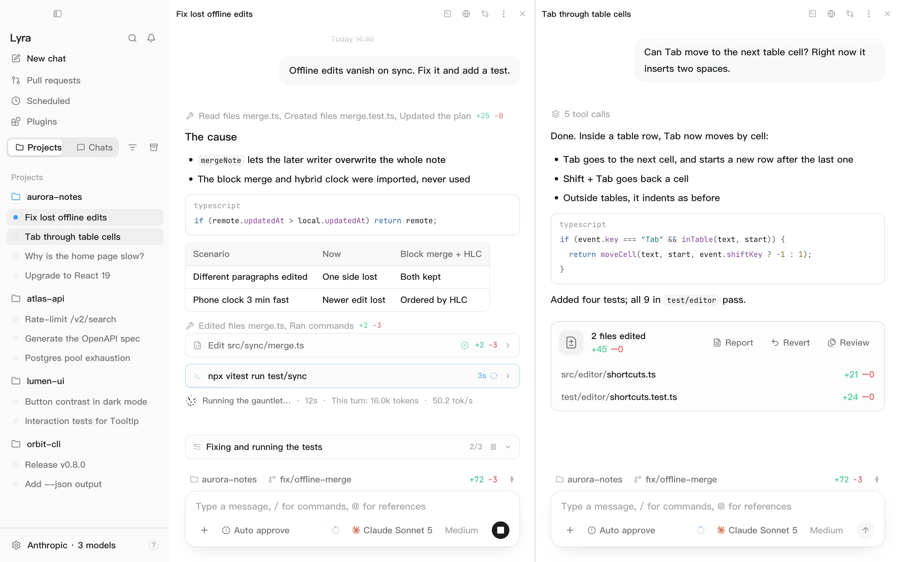 Split view: two conversations side by side, each with its own title bar and composer