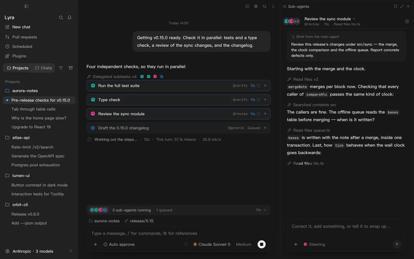 Lyra’s sub-agent pane: what each sub-agent is doing.