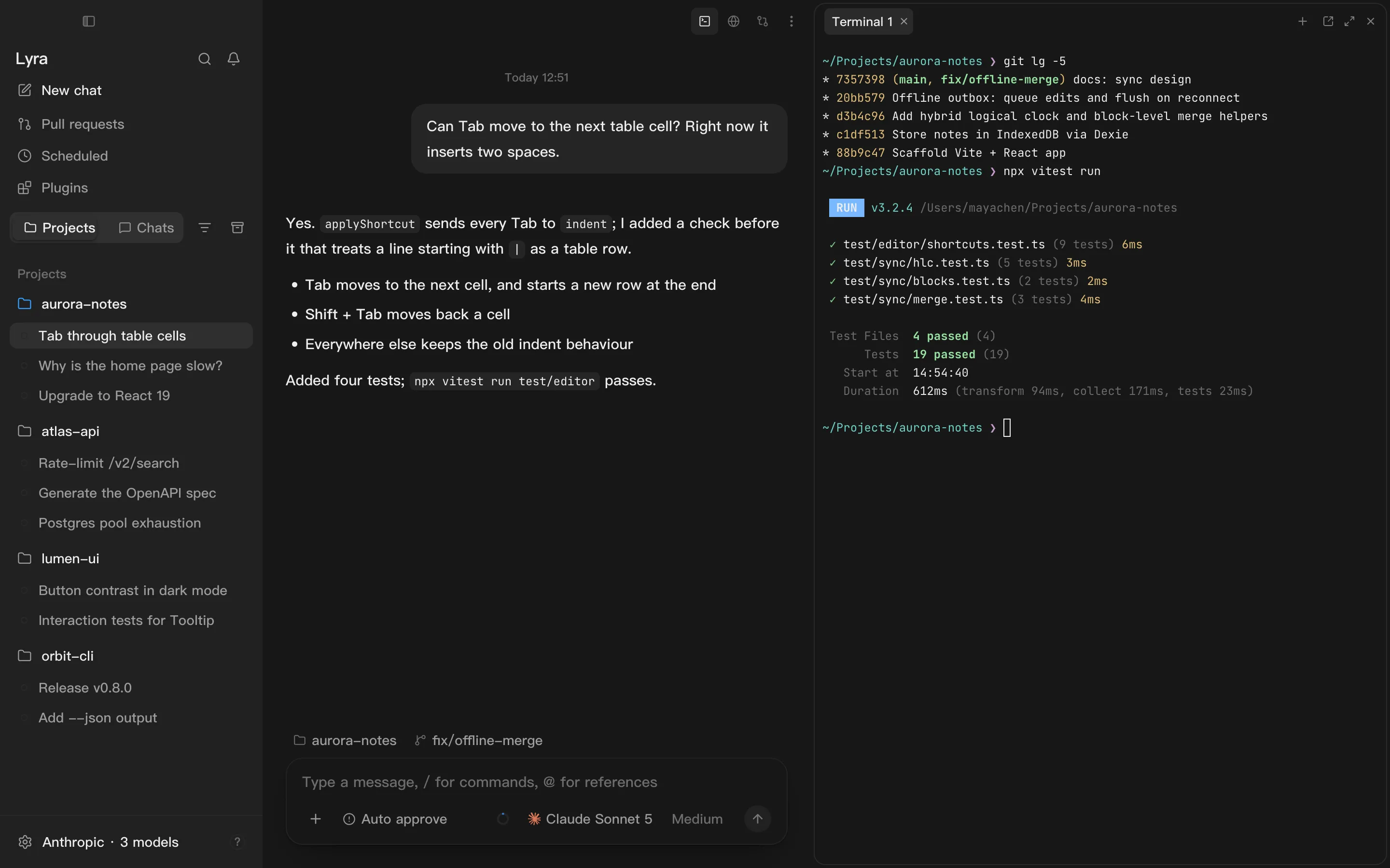 A conversation with the built-in terminal open beside it, showing a commit graph and test output,