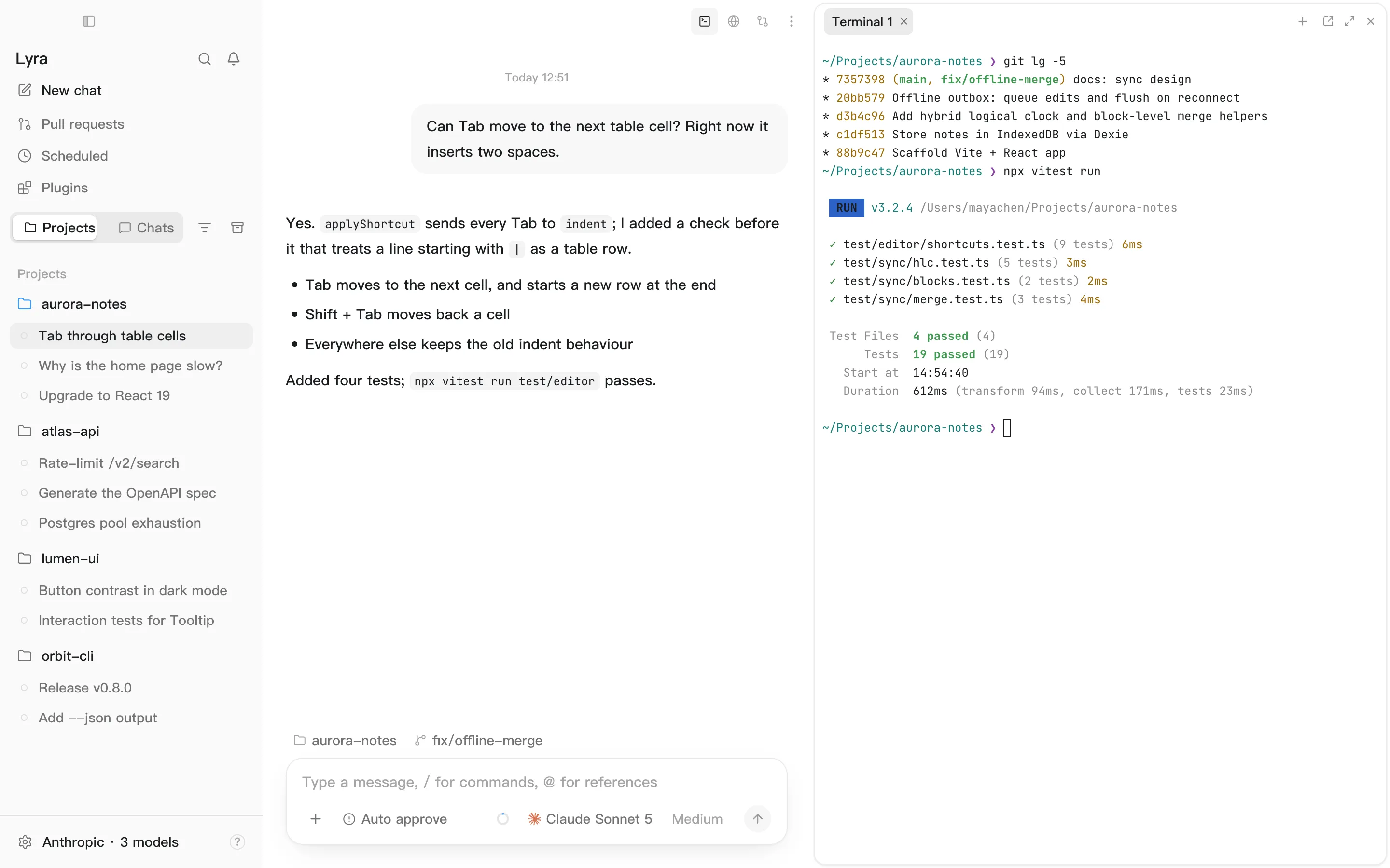 A conversation with the built-in terminal open beside it, showing a commit graph and test output,