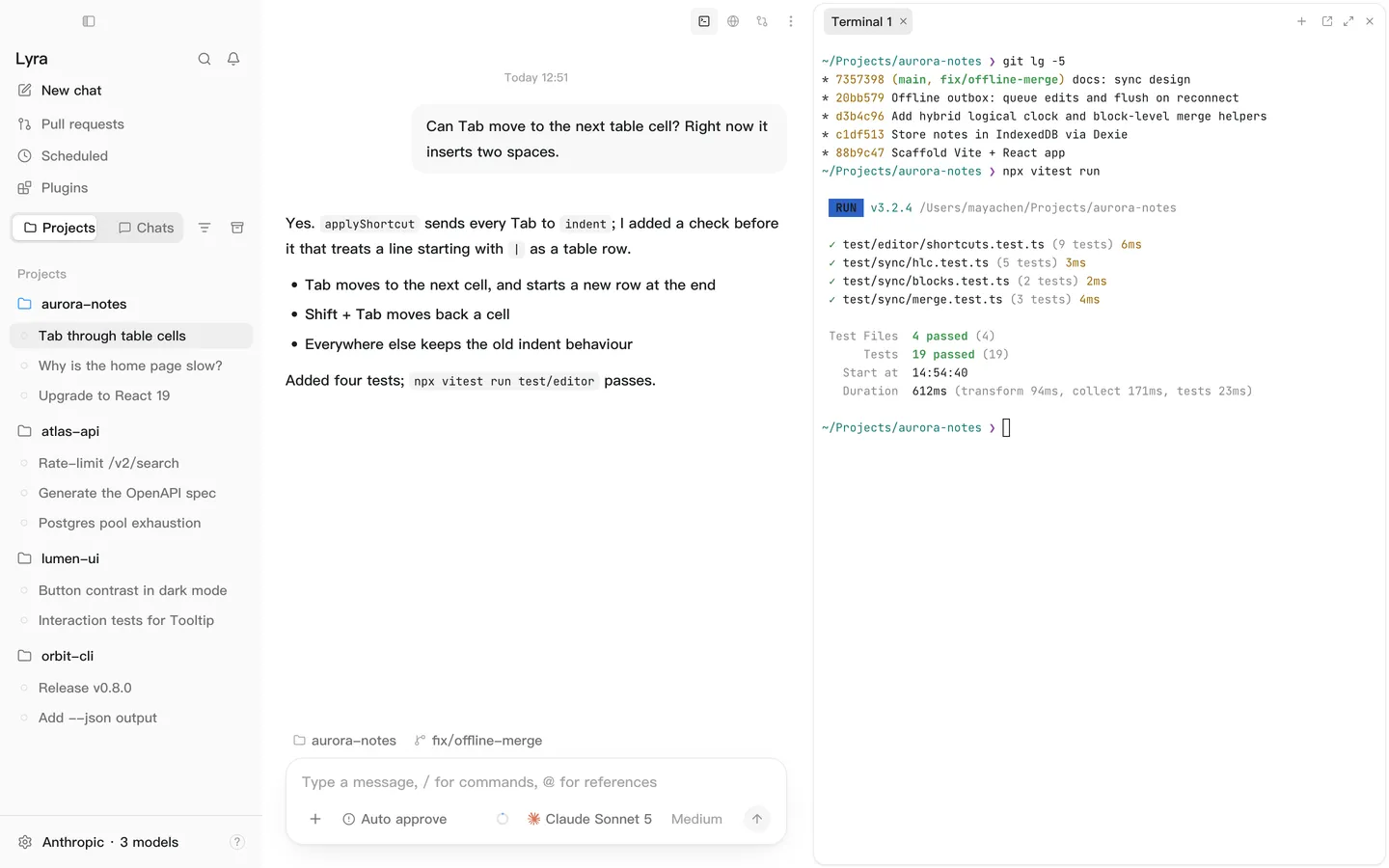 Lyra’s workspace panes: terminal, Git and more open at once.